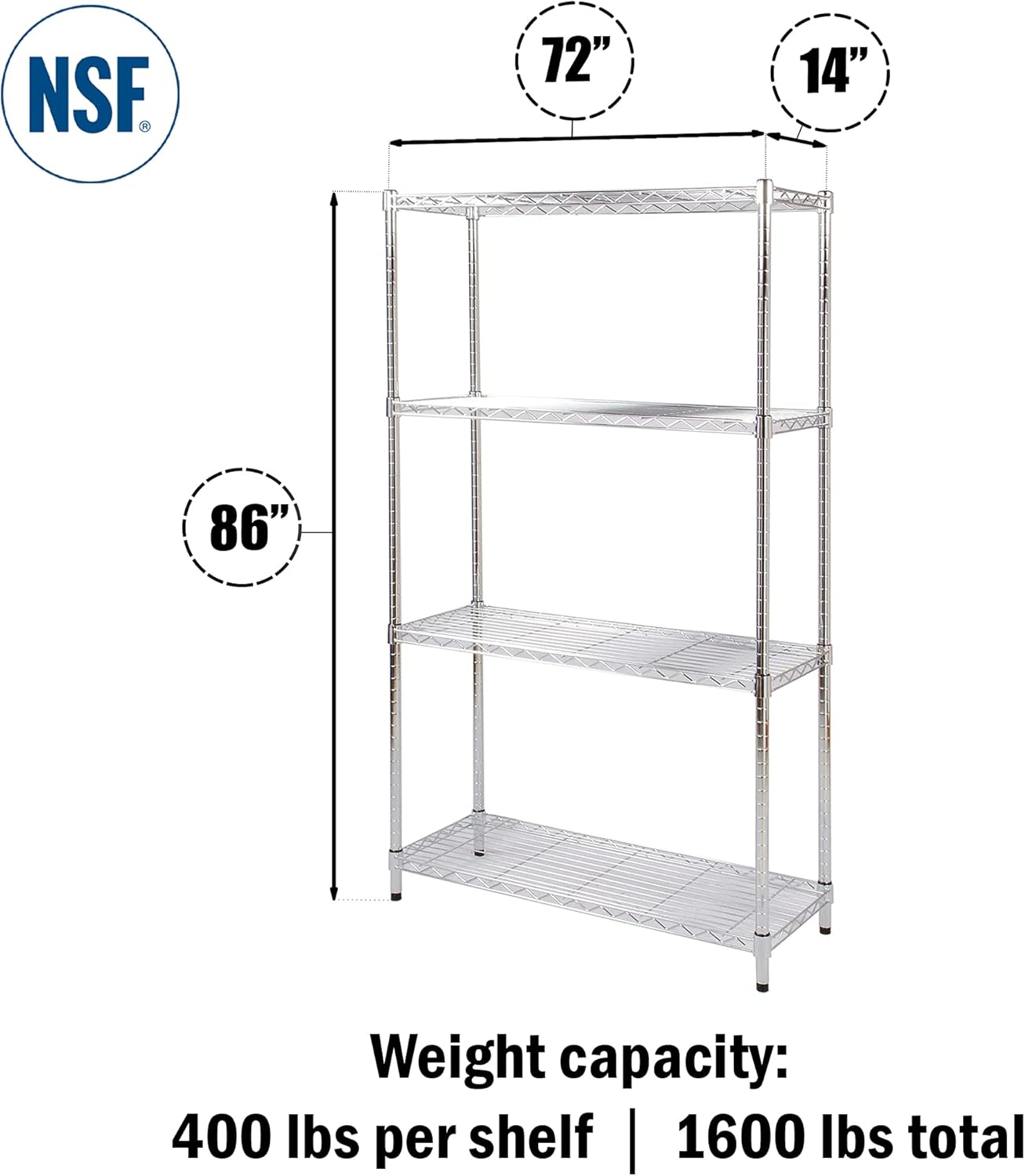 One-Day Sale: Up to 60% Off 14 Deep x 72 Wide x 86 High 4 Tier Chrome Wire Shelving Kit | NSF Commercial Storage Rack Unit