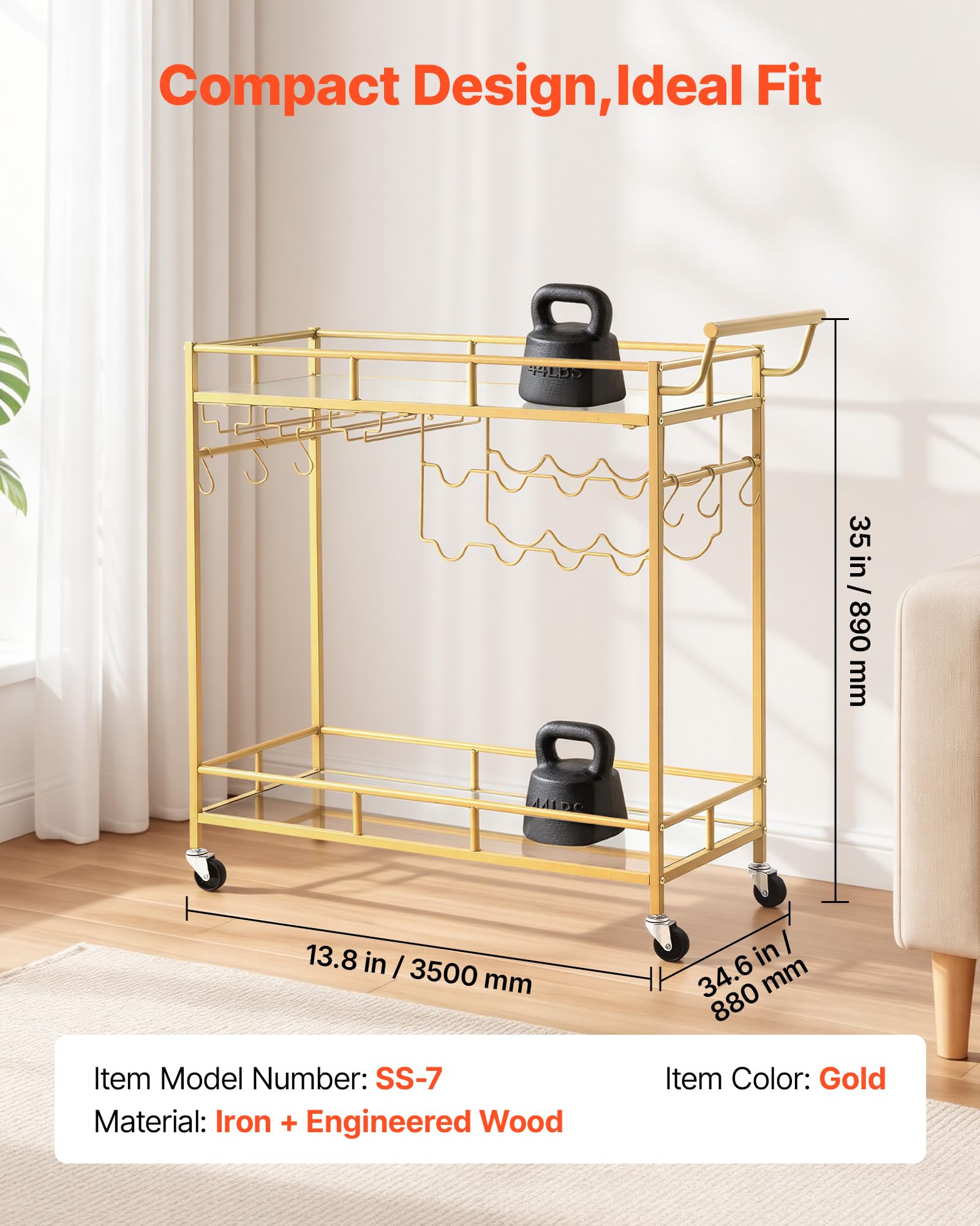 VEVOR Carro de Bebidas con Botellero de 2 Niveles, Carrito de Servicio con Ruedas y Asa, Estantes de Vidrio Espejado, Soporte para Copas, para Sala de Estar, Comedor, Cocina, 88x35x89 cm, Dorado