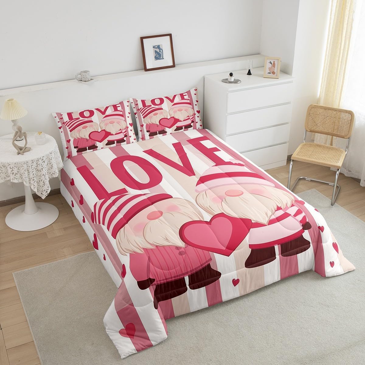 Erosebridal Couple Lover Down Comforter Romantic Weeding Queen Comforter Set for Couple Gifts Gnome Weeding Love Heart Bedding Sets Pink and White Striped Quilt Set for Room Decor