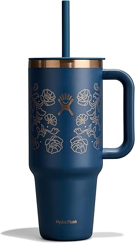 Miniatura 82 de Hydro Flask - Vaso de viaje con asa, tapa y pajilla, acero inoxidable térmico, 32 onzas, color azul
