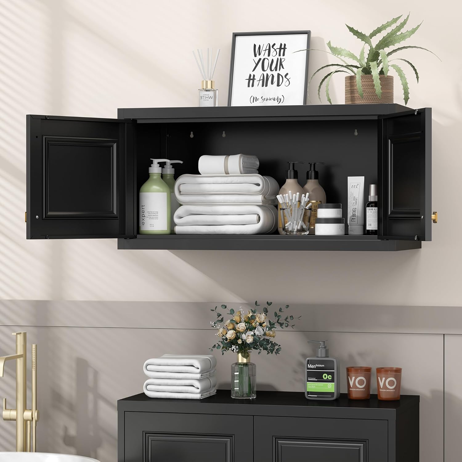 SteeLoong 15" Wall Upper Storage Cabinet,Metal Bathroom Wall Mounted Cabinet,Black Storage Cabinets for Basement,Livingroom Home Office