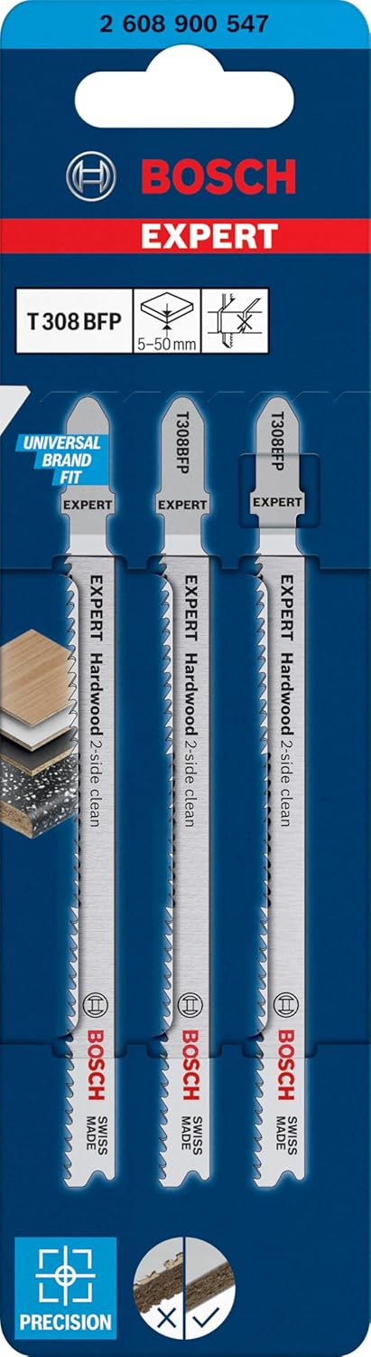 Bosch Professional 3X Expert ‘Hardwood 2-Side Clean’ T 308 BFP Jigsaw Blade (for Kitchen countertop, Plastic Coated Boards, Length 117 mm, Accessories Jigsaw)