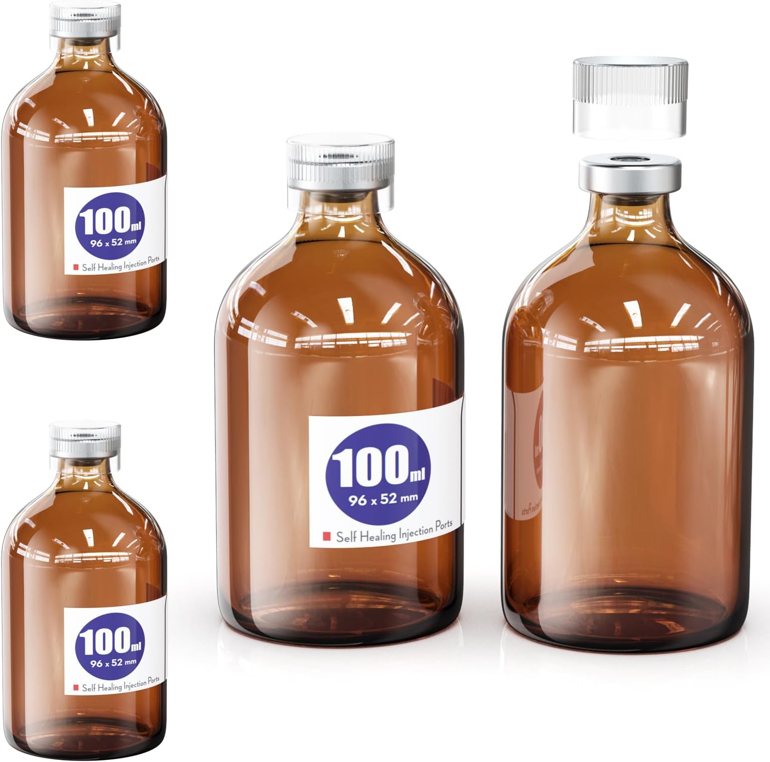 Sterile Empty Vial with Plastic Reusable Cap and Self Healing Injection Rubber Stopper for Lab Store (Amber, 100 ml 4pcs)