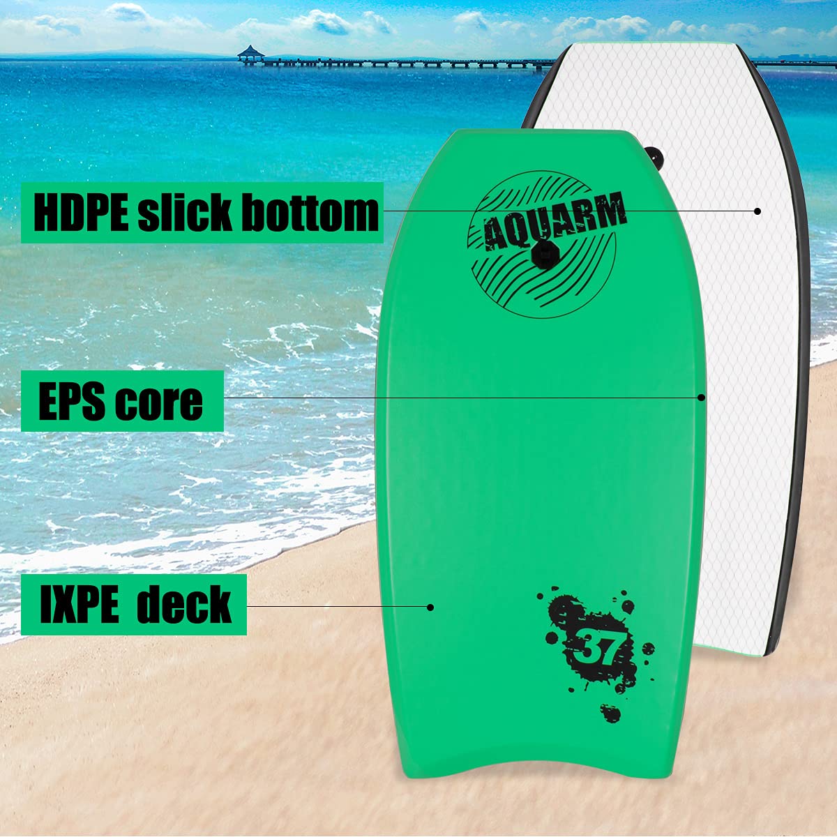 Tabla de bodyboard con correa de muñeca, 33"/37"/42" ligera con núcleo EPS y superficie inferior lisa de alta velocidad, perfecta para practicar surf para niños, adolescentes y adultos (verde)