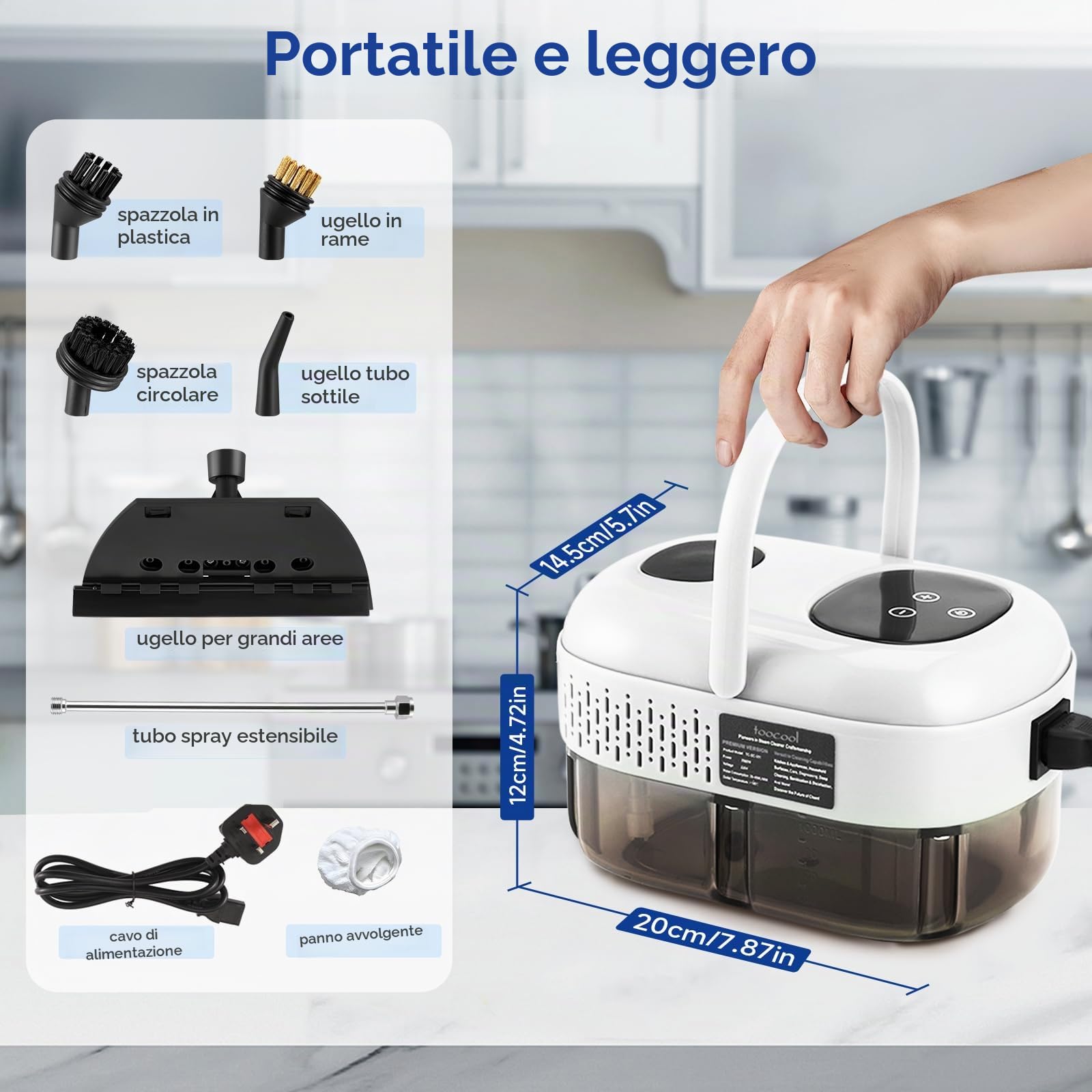 Pulitore A Vapore Portatile 2500w, Pulitore A Vapore Ad Alta Pressione 1100ml Con 3 Testine, Pulitore A Vapore Portatile Multifunzionale Per Mobili Da Cucina, Bagno, Auto (Bianco)