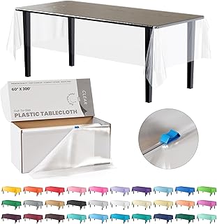 Party Solids 60 Inch X 300 Feet Clear Plastic Table Cover Roll in A Cut - to - Size Box with Convenient Slide Cutter. Cuts Up to 36 Rectangle 8 Feet Plastic Disposable Tablecloths