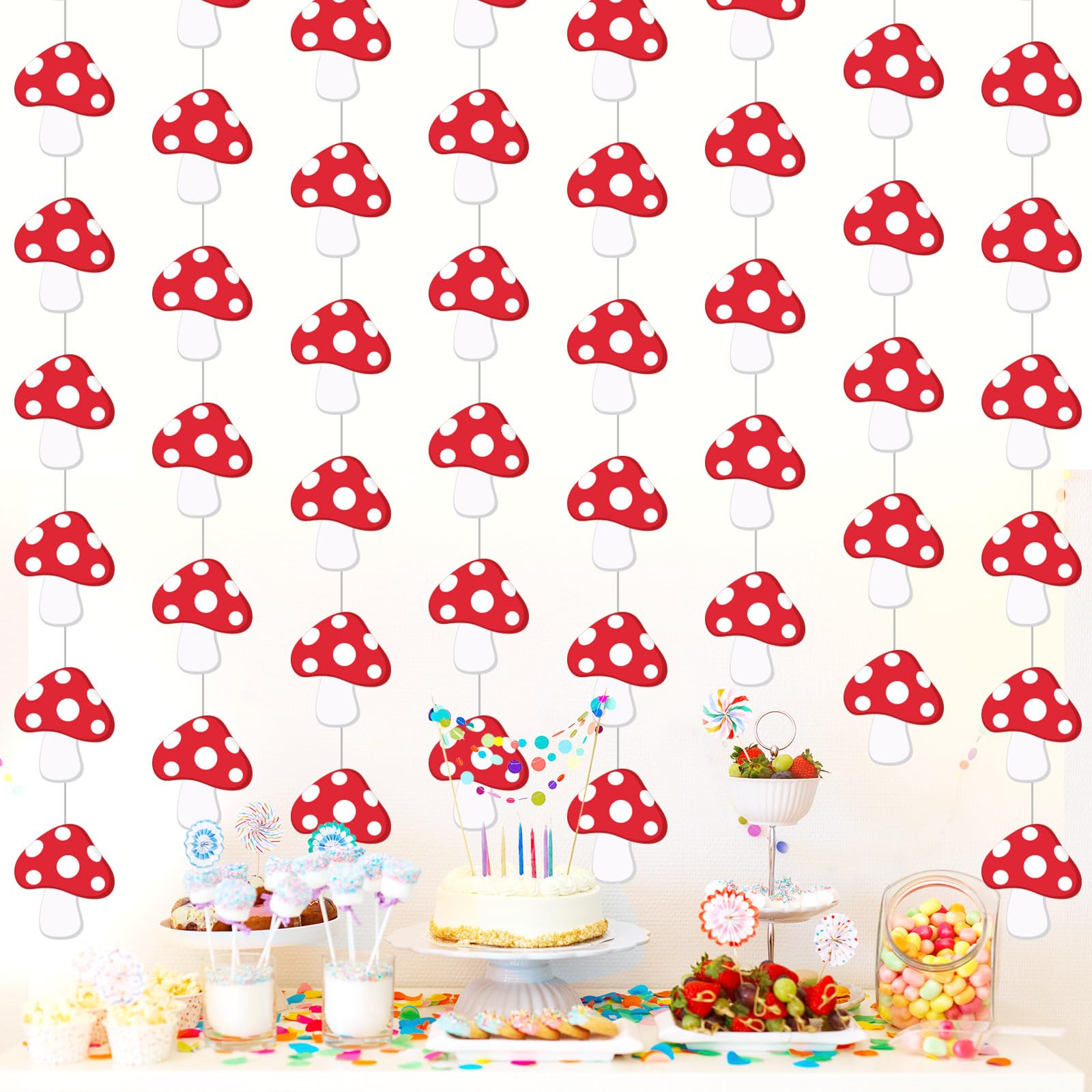 Sinload 8 Pcs Mushroom Party Decorations Red Mushroom Shaped Garland Banner Forest Jungle Wonderland Paper Cutouts for Fairy Baby Shower Wild Birthday