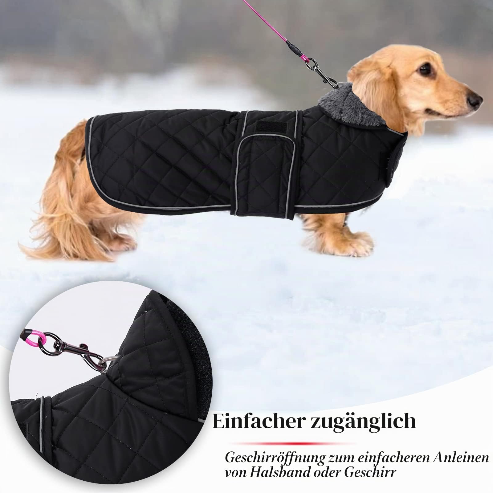 Geyecete - Warmer wintermantel für dackel Hunde,Hunde Winterjacken mit plüschfutter,Outdoor jacken mit verstellbaren gürtel und Kabelbaumloch,für mittelgroße und Kleiner dackel-Schwarz-M