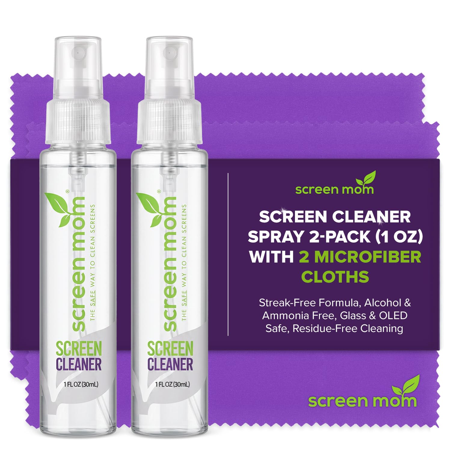 screen mom 1oz screen cleaner spray 2 pack - for laptop, computer monitor, phone cleaner, ipad, eyeglass, led, lcd, tv - includes 2 1oz spray and 2 purple cleaning cloths