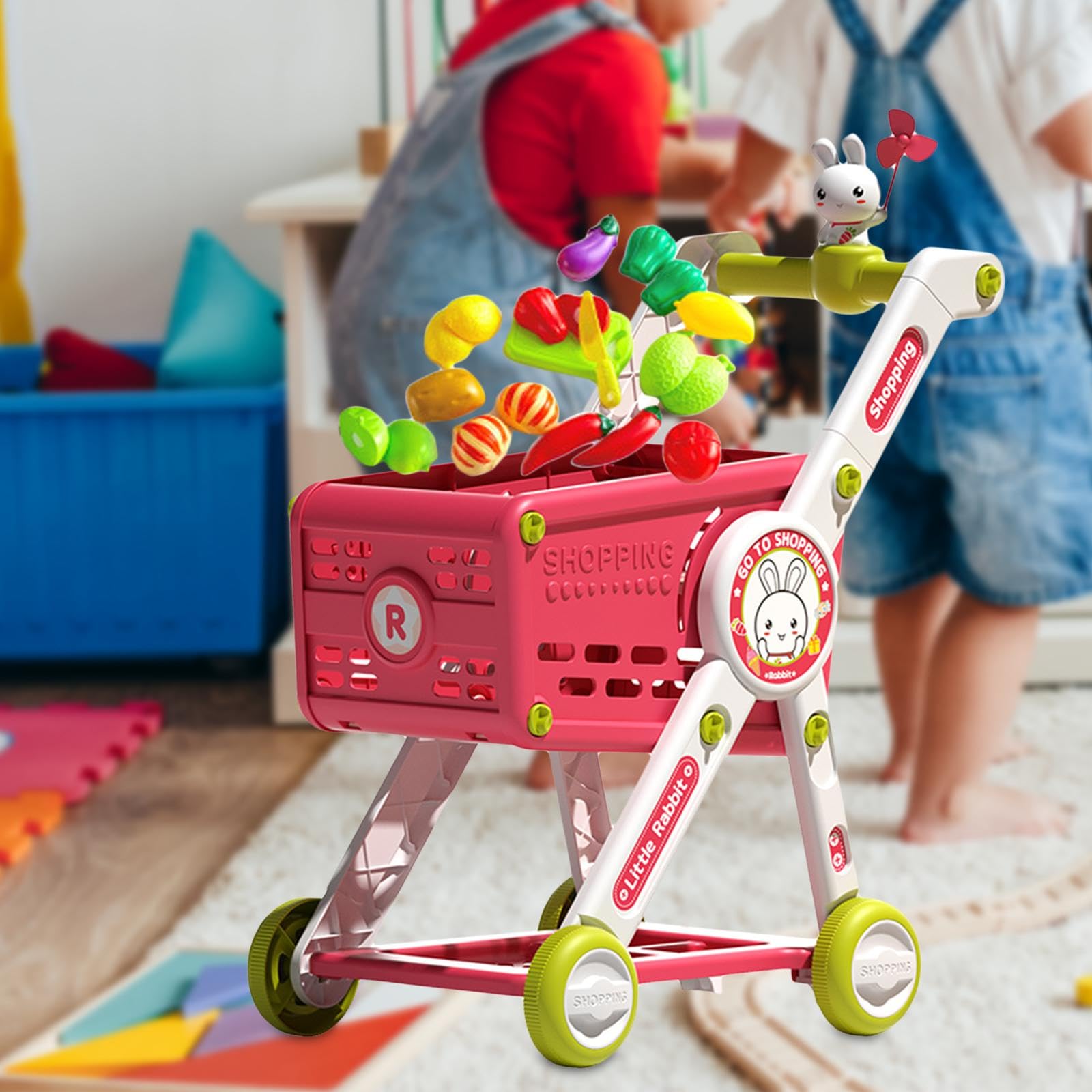 Oshhni Einkaufswagen Kinder Spielzeug Supermarkt Trolley Rollwagen Lebensmittel Zubehör Abnehmbarer Cartoon Figur DIY für Rollenspiel für Lernen Dekoration F, mit Spielzubehör