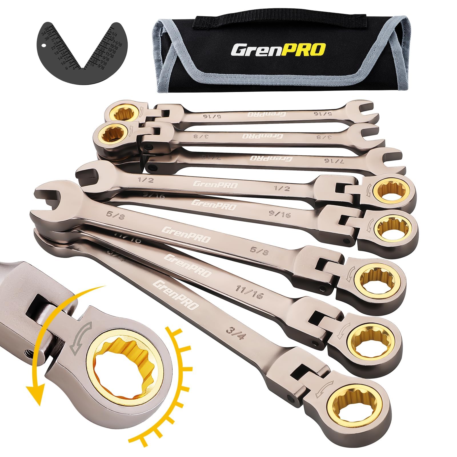 Flex Head Ratcheting Wrench Set, Combination Wrench Sets, 9PC Sae Wrenches Set 5/16"-3/4", Large Open End Socket Wrench Roll Organizer With Gauge, 72 Tooth Nickel Plating Mechanics Hand Tools