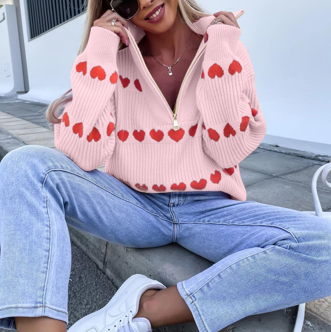 Heart Sweater for Women V Neck Valentines Sweatshirt Quarter Zip Pullover Ribbed Knitted Sweaters Loose Slouchy Tops - Image 3