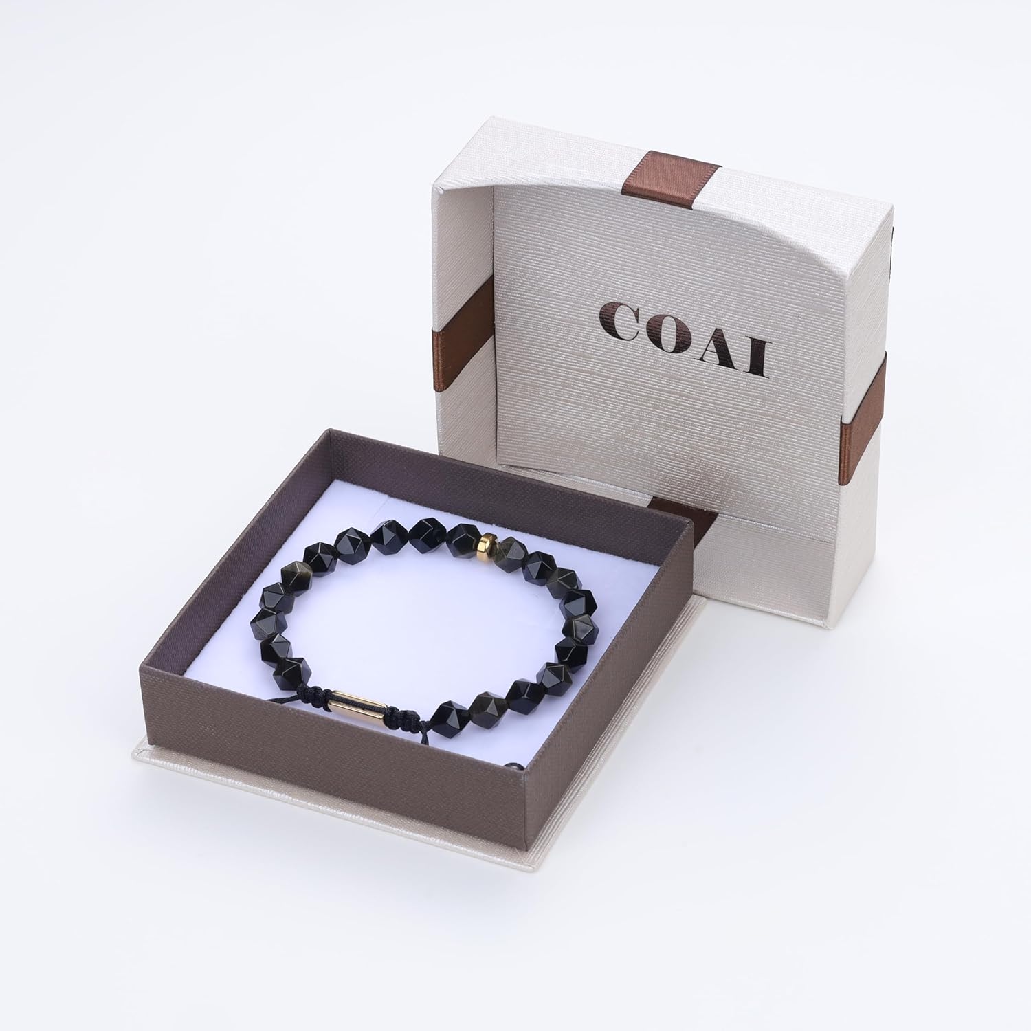 COAI Beaded Bracelet for Men, 8MM Faceted Natural Crystal Gemstone Bracelet for Men, Tiger Eye/Sodalite/Red Jasper/Golden Obsidian/Labradorite