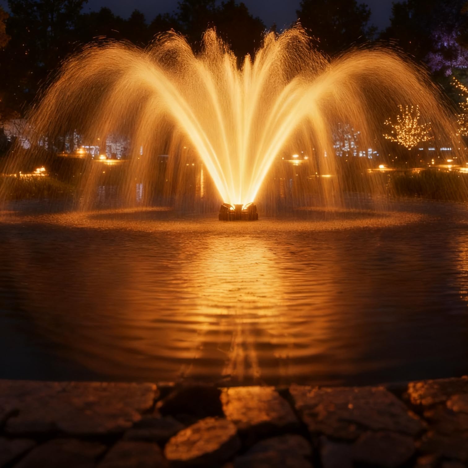 Photo 1 of Pond Fountain Aerator with Lights, 1 HP with Dynamic RGB Lighting, Adjustable Modes, Digital Timer, for Large Ponds, Lakes & Outdoor Water Features, 15,000 GPH, 750W 110V, 100FT Cord