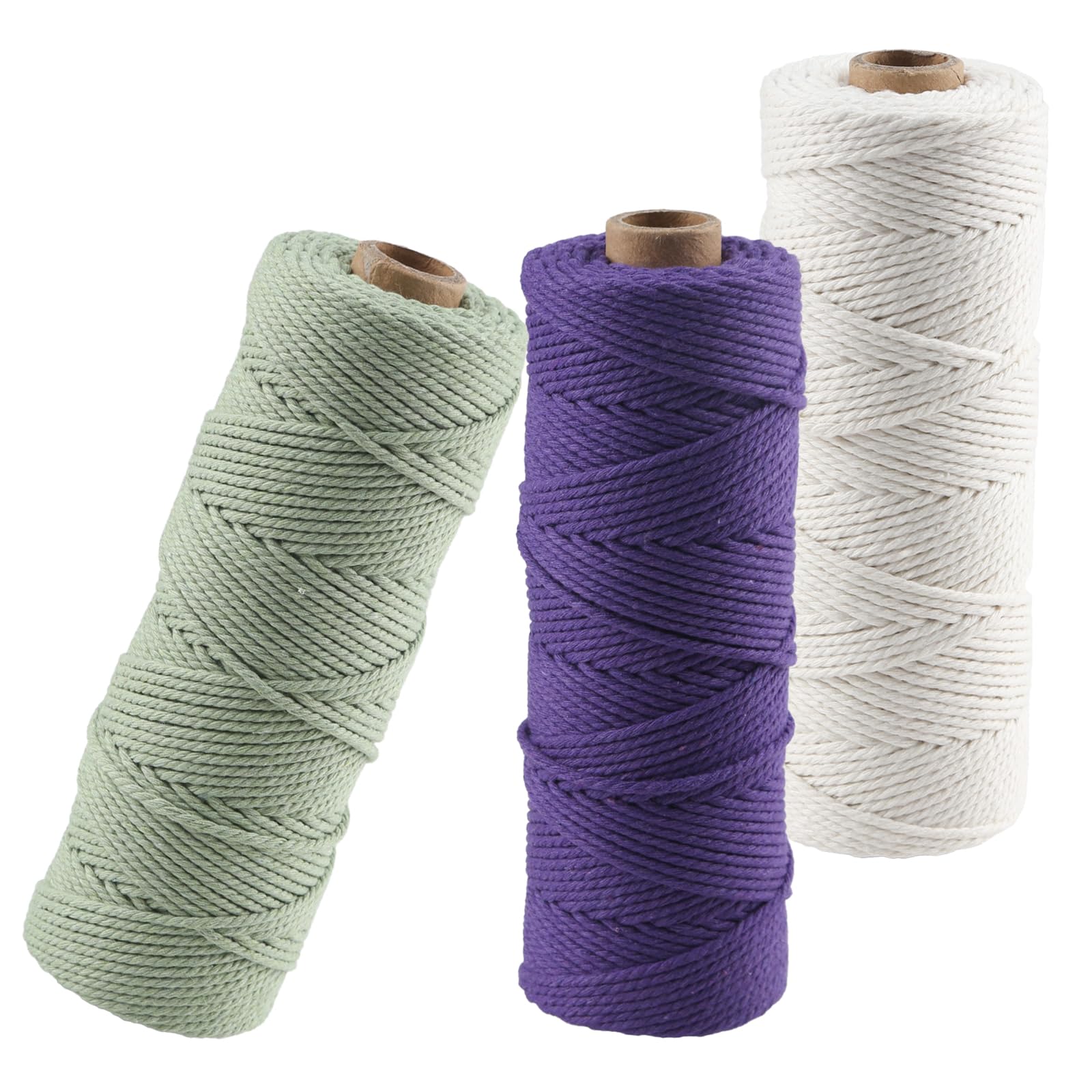 3 Roll Macrame Cord 2mm x 100m, Garden Twine, Garden String, Twine String for Crafts, Natural Cotton Rope for Wall Hanging, Plant Hangers (Beige-Purple-Green)
