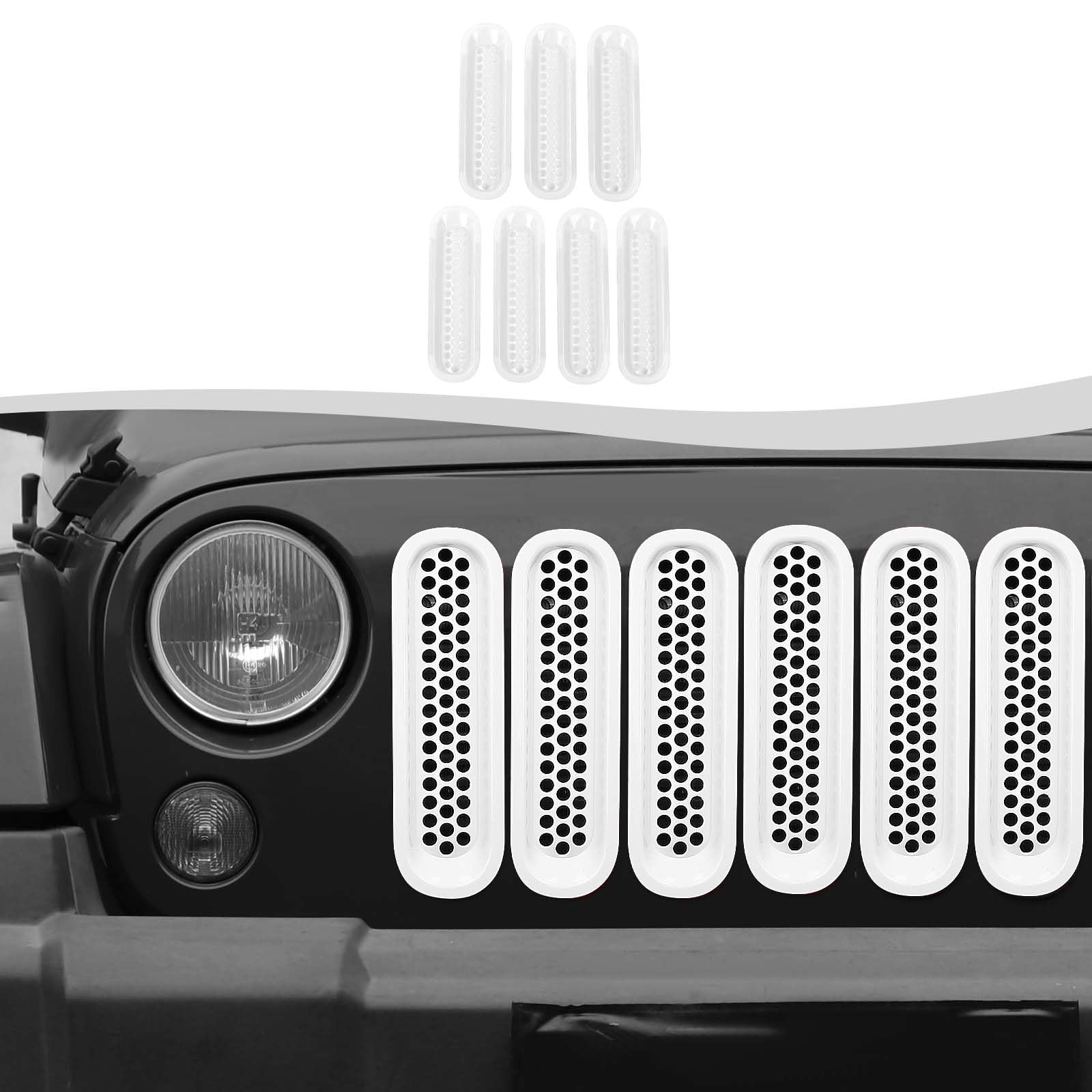 Clip-on Mesh Grill Insert Grille Inserts Cover Fit for 2007-2018 Jeep Wrangler JK JKU(White)