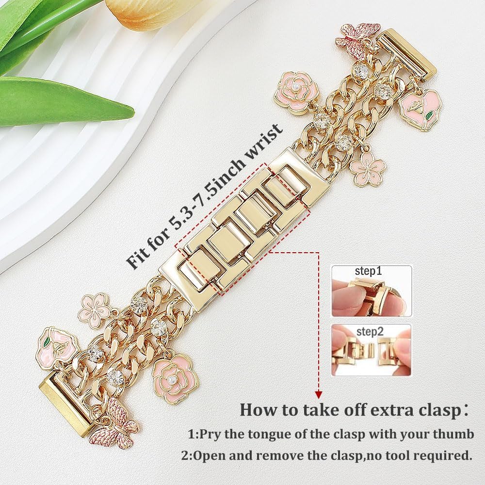 Cuban Chain Band Compatible with Fitbit Versa 4/Versa 3/Sense 2/Sense Smart Watch Band Women,Bling Diamond Chain Dressy Metal Strap with Cute Charms Pendants Wristband - Image 3