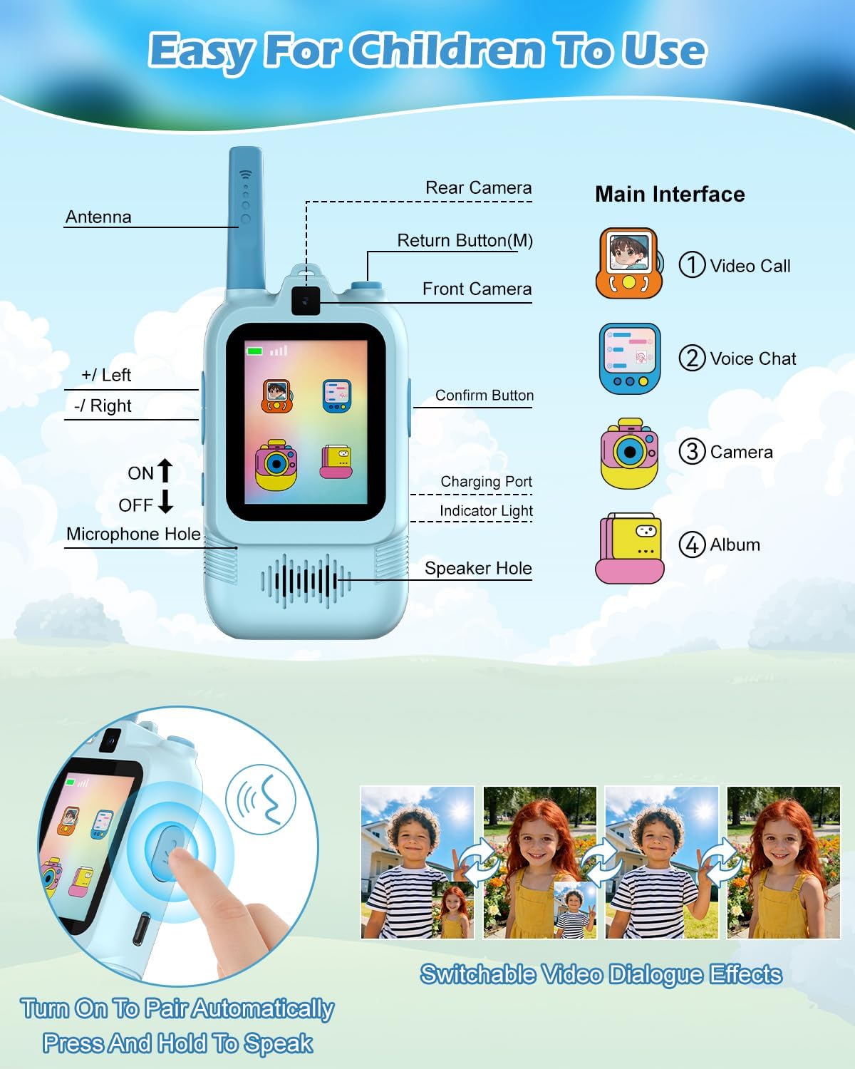 CloudValley Walkie-Talkies con Video para Niños, Paquete de 2, Recargables, Cámara Dual, Emparejamiento Uno a Uno, Alcance 580 M, Ideal para Familia y Niños/Niñas de 3 a 12 Años (Azul/Rosa)