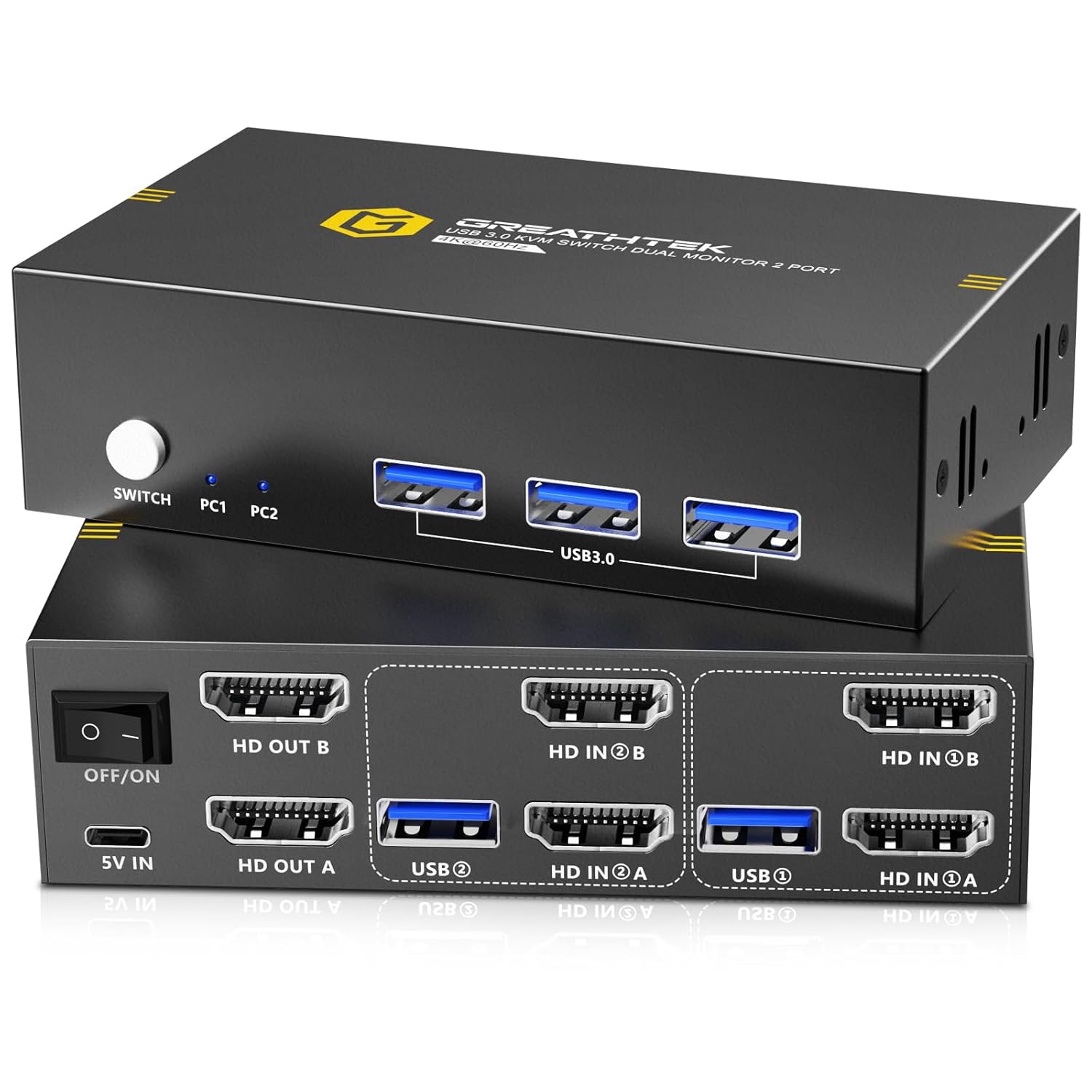 USB3.0 KVM Switch 2 Monitors 2 Computers HDMI 4K@60Hz for PCs Share USB Devices, Dual Monitor KVM Switch Support Wired Remote Control and Button Switch, Adaptive EDID