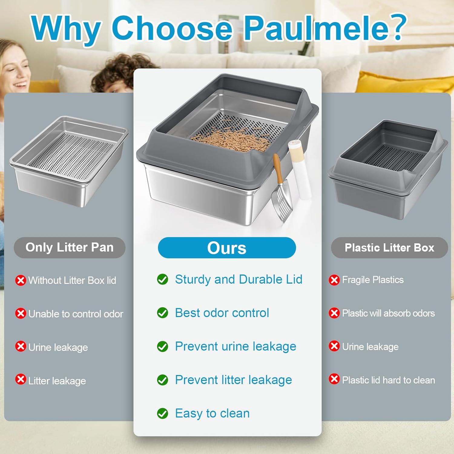 XL All Stainless Steel Sifting Litter Box with Lid,Sifting Cat Litter Box for Wood Pine Pellets,High Sides Sifter Litter Pan System,Odor Control,Easy to Clean,with Liners and Scoop