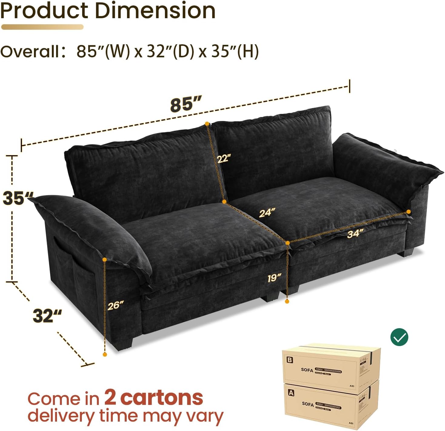 KKL 89 Inch Modular Sectional Sofa, 2 Seater Loveseat Cloud Couch with Deep Seat, Chenille Sectional Couches for Living Room, Apartment, Black
