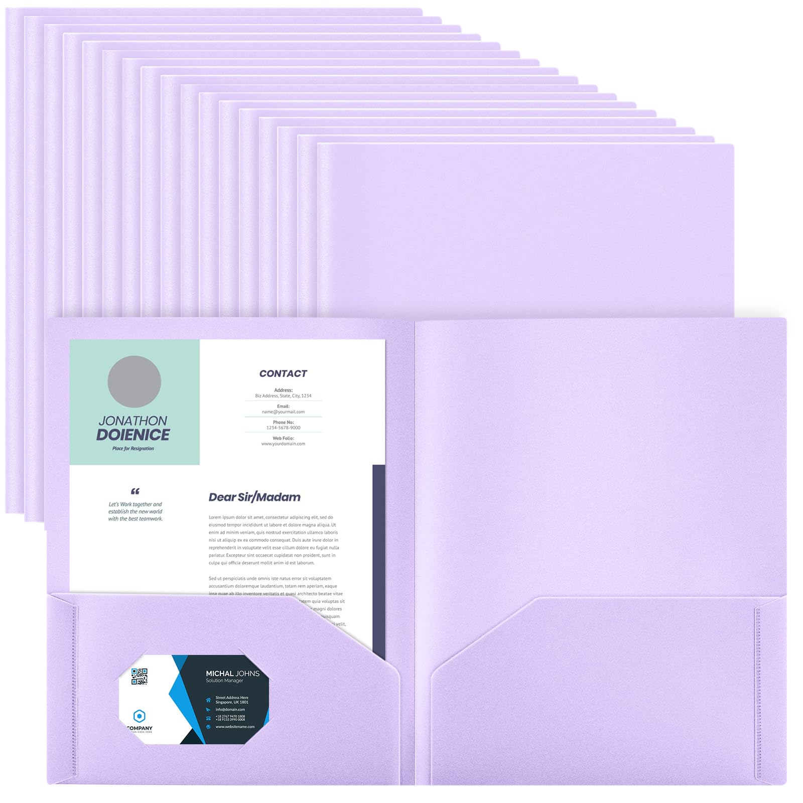 Gueevin 50 Pcs Plastic Folders with Two Pockets, Back to School Two Pocket Folder Fit Letter Size, Heavy Duty School Business Card Holder for Home Office Teachers(Light Purple)