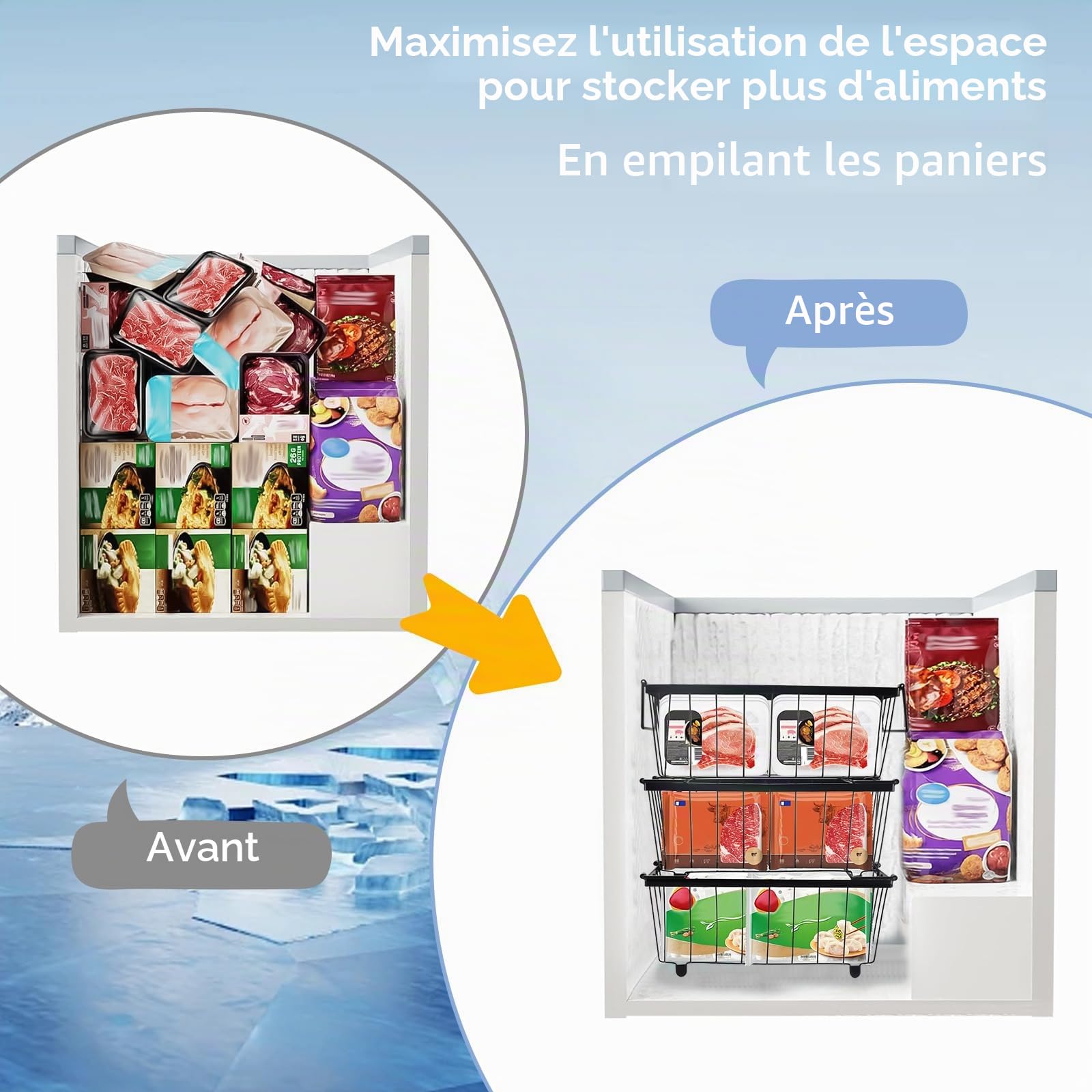 Paquet de 3 Paniers de Congélateur Coffre,37,2 x 18,8 x 14 cm,Paniers de Congélateur Empilables Noirs, Organisateur de Congélateur Polyvalent avec Poignées et Fond Antidérapant pour Frigo Congelateur