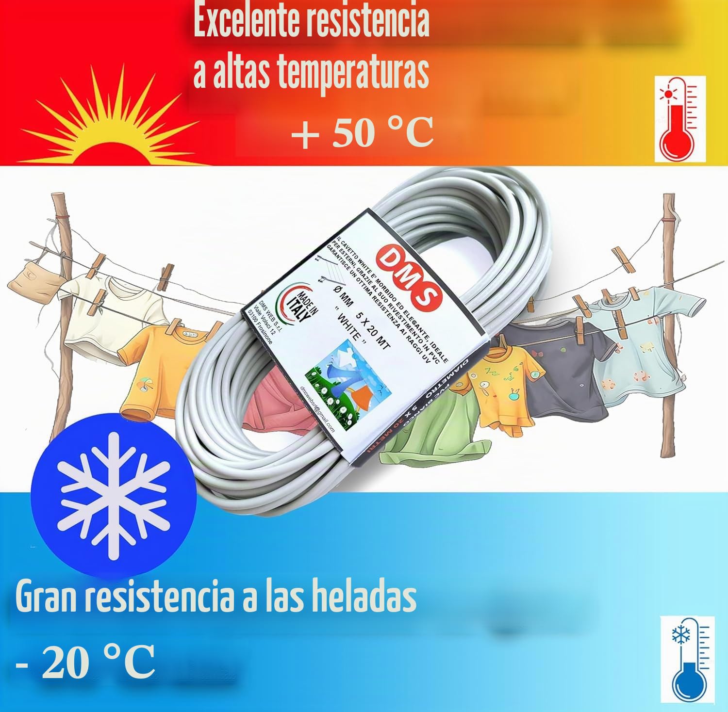 DMS Hilo para tender la ropa de exterior, 20 m x 4,5 mm de diámetro, resistente, cable de acero revestido, tendedero fabricado en Italia (20 m)