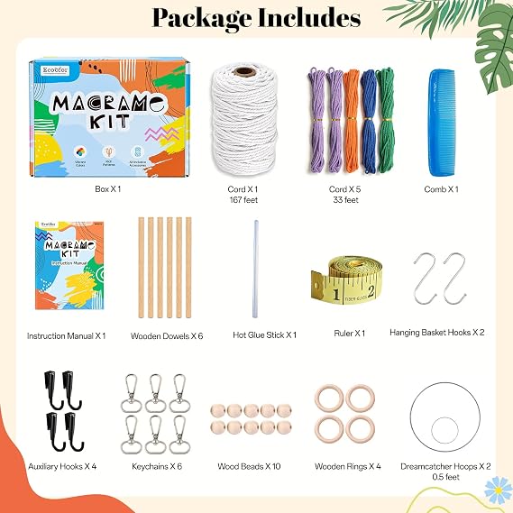 Ecoofor Macrame Kits for Beginners with 366 Feet 3 mm Macrame Cotton Cord, DIY Plant Hanger Kit with Supplies and Instructions, Macrame Beads, Wooden Rings, Dream Catcher Rings