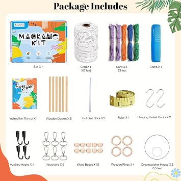 Ecoofor Macrame Kits for Beginners with 366 Feet 3 mm Macrame Cotton Cord, DIY Plant Hanger Kit with Supplies and Instructions, Macrame Beads, Wooden Rings, Dream Catcher Rings