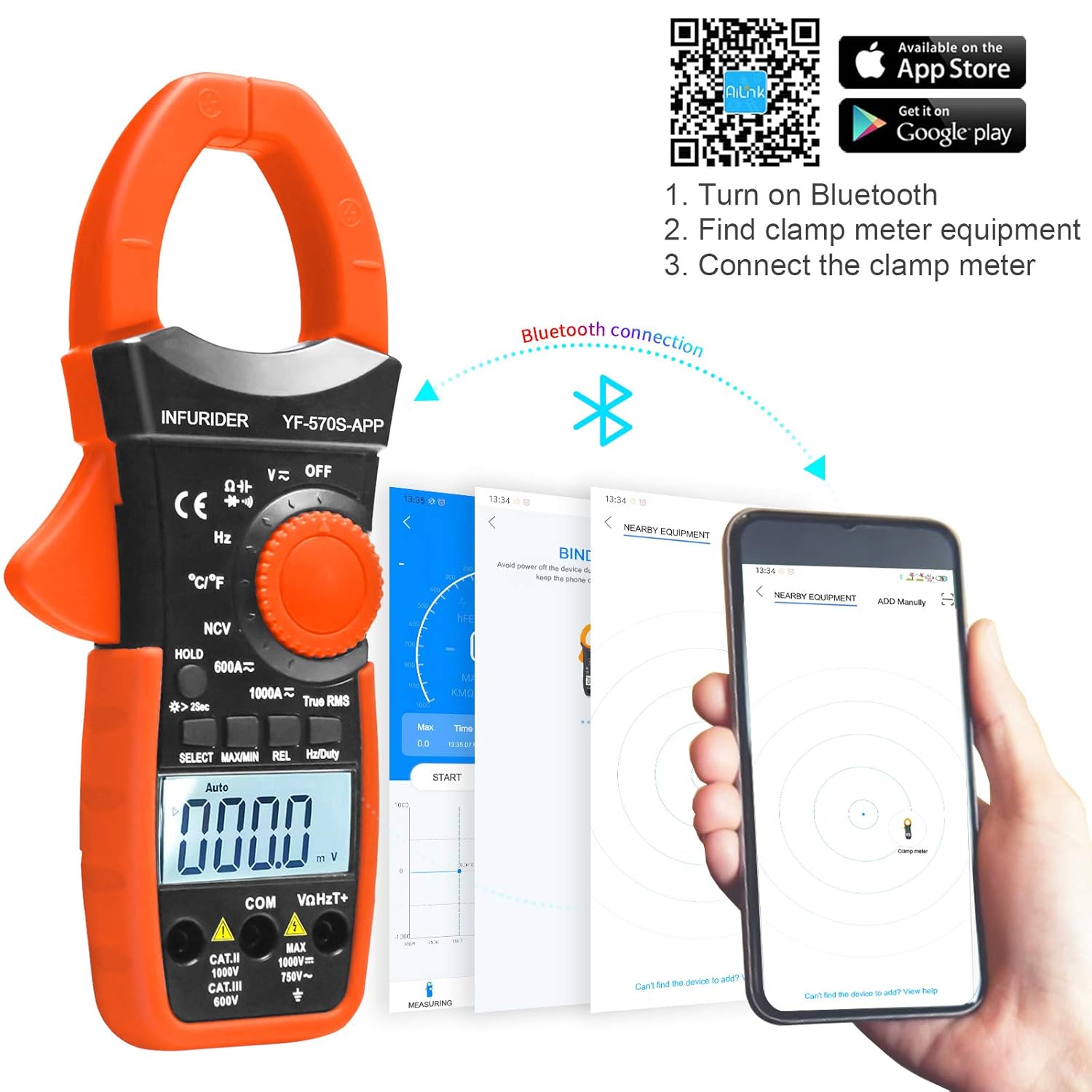 Digital AC/DC Volt Amp Clamp Meter,Wireless Bluetooth Auto Ranging 1000A Ammeter Clamp Multimeter for Voltage,Current,Ohm,Cap,Temperature Tester