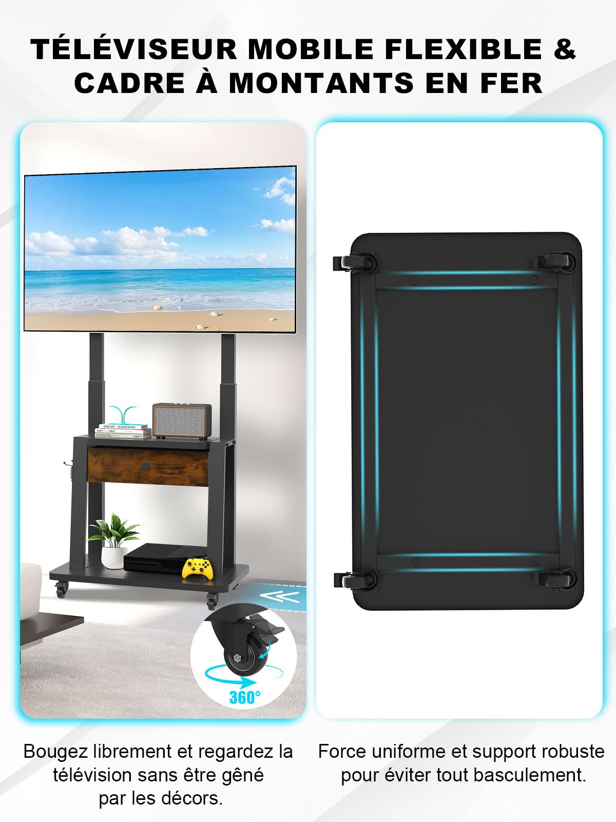 Support TV Roulant avec tiroir de Rangement en Tissu pour écran Plat/incurvé de 32 à 75 Pouces jusqu'à 100 kg LCD/LED/OLED Hauteur réglable Chariot TV Mobile avec Roues pour la Maison, Le Bureau et