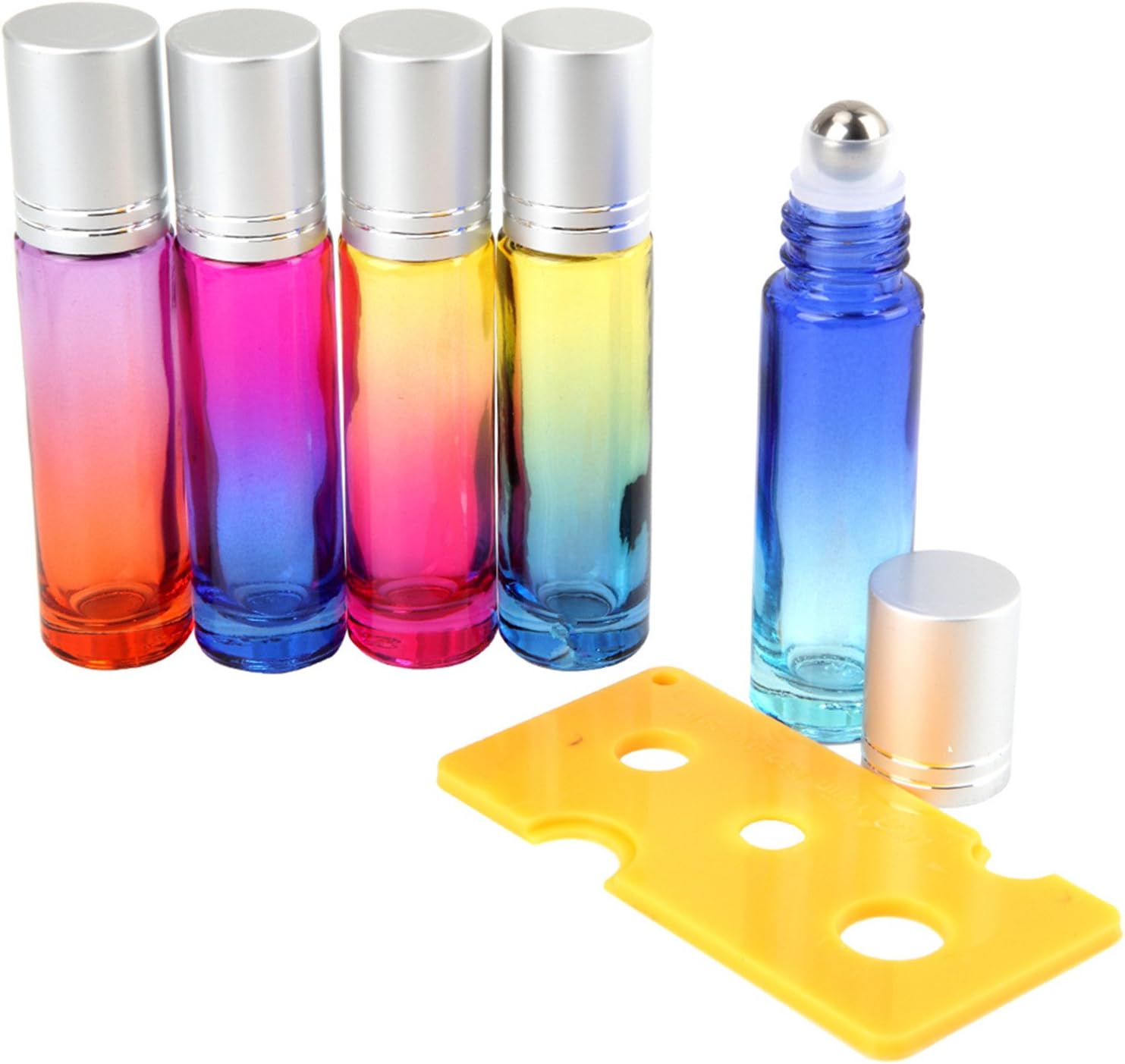 Essential Oil Roller Bottles, 5pcs Glass Roller Bottles 10mL Makeup Sub-Bottling with Bottle Opener, Colourful Fragrance Container Travel Roll On Bottle for Perfume Aromatherapy