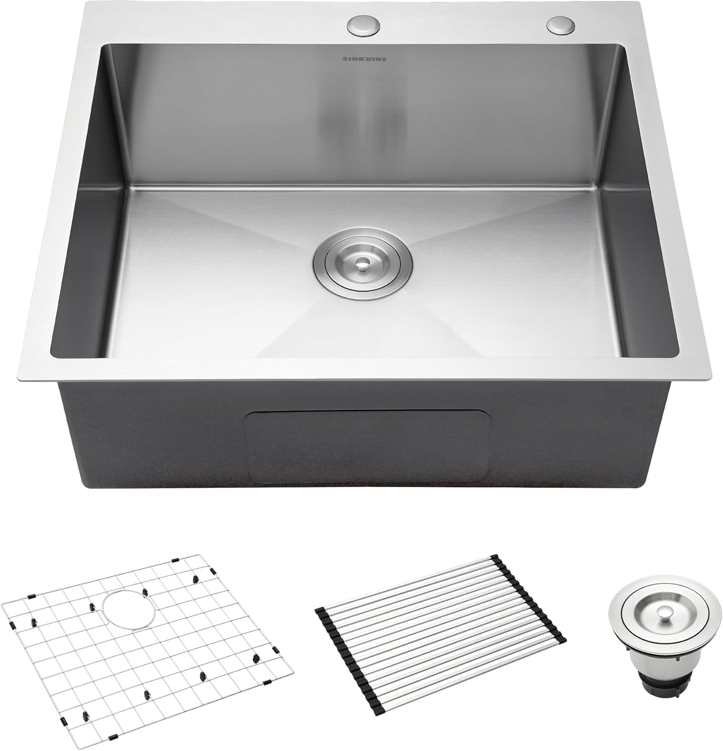 25-Inch Drop-In Kitchen Sink, SINKVINE 25" x 22" Stainless Steel Indoor and Outdoor Sink, Top Mount Large Deep Single Bowl Sink for Laundry Room, with Drain Strainer, Bottom Grid, Roll-up Drying Unit