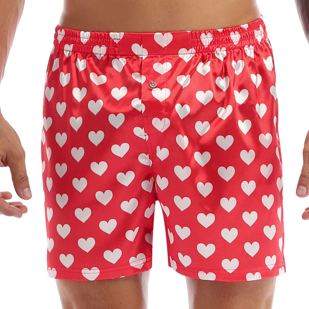 Men's Silk Lips Print Frilly Shiny Satin Boxer Shorts Lounge Underwear Halloween Heart Print Red Medium(Waist 27.5-43.0"/70-110cm)