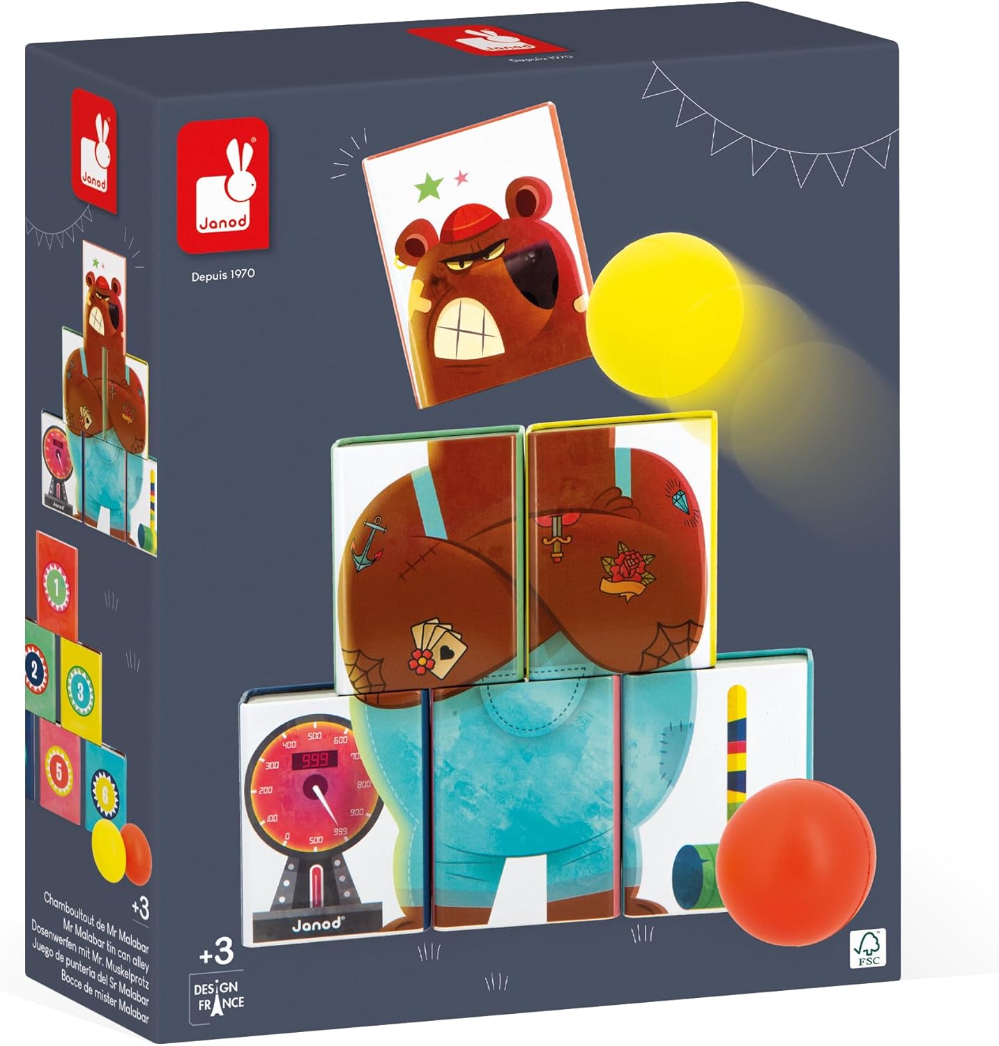 Janod - Applepop Tin Can Alley - Game of Skill - 6 Metal Tins + 2 Foam Balls - Outdoor Game - Develops Dexterity & Concentration - 3 Years +, J03359