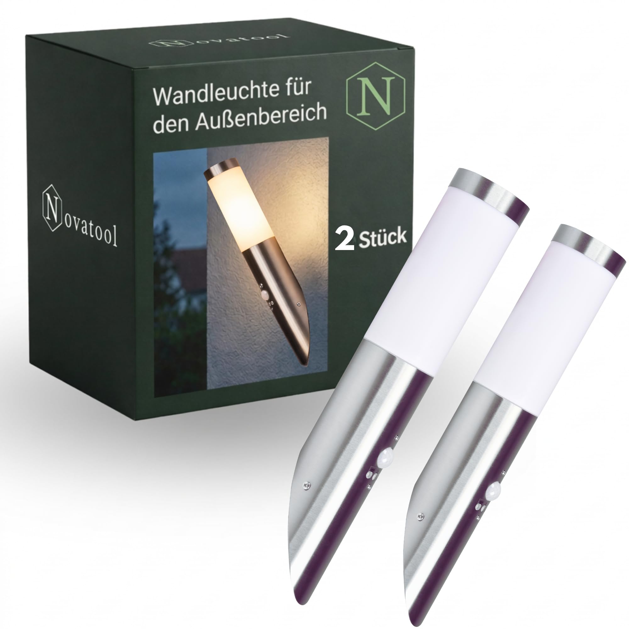 Novatool 2x Wandleuchte Aussen Edelstahl mit Bewegungsmelder I IP44 I E27 Sockel I Ø7x8H36 cm I Außenlampe Balkon Außenleuchte Außenbeleuchtung Haus Wandleuchte Aussenbeleuchtung Gartenleuchte