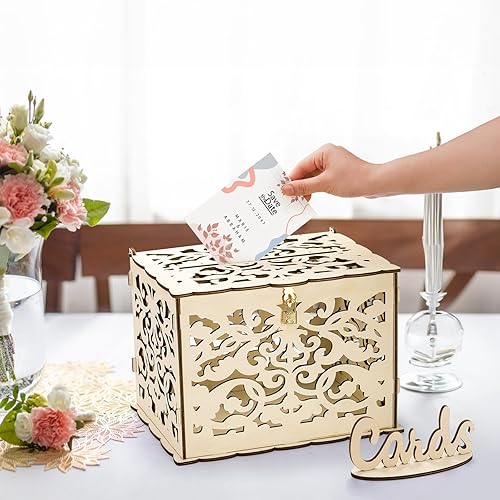 Miniatura 8 de ZENFUN Caja de madera para tarjetas de boda con candado y letrero de tarjeta, caja de tarjeta hueca de madera rústica, caja de recepción de boda