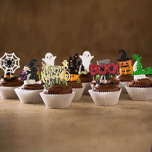 Miniatura 153 de 24 piezas de decoración para cupcakes Baby Boo con purpurina negra espeluznante y espeluznante para cupcakes de fantasmas para Halloween, baby