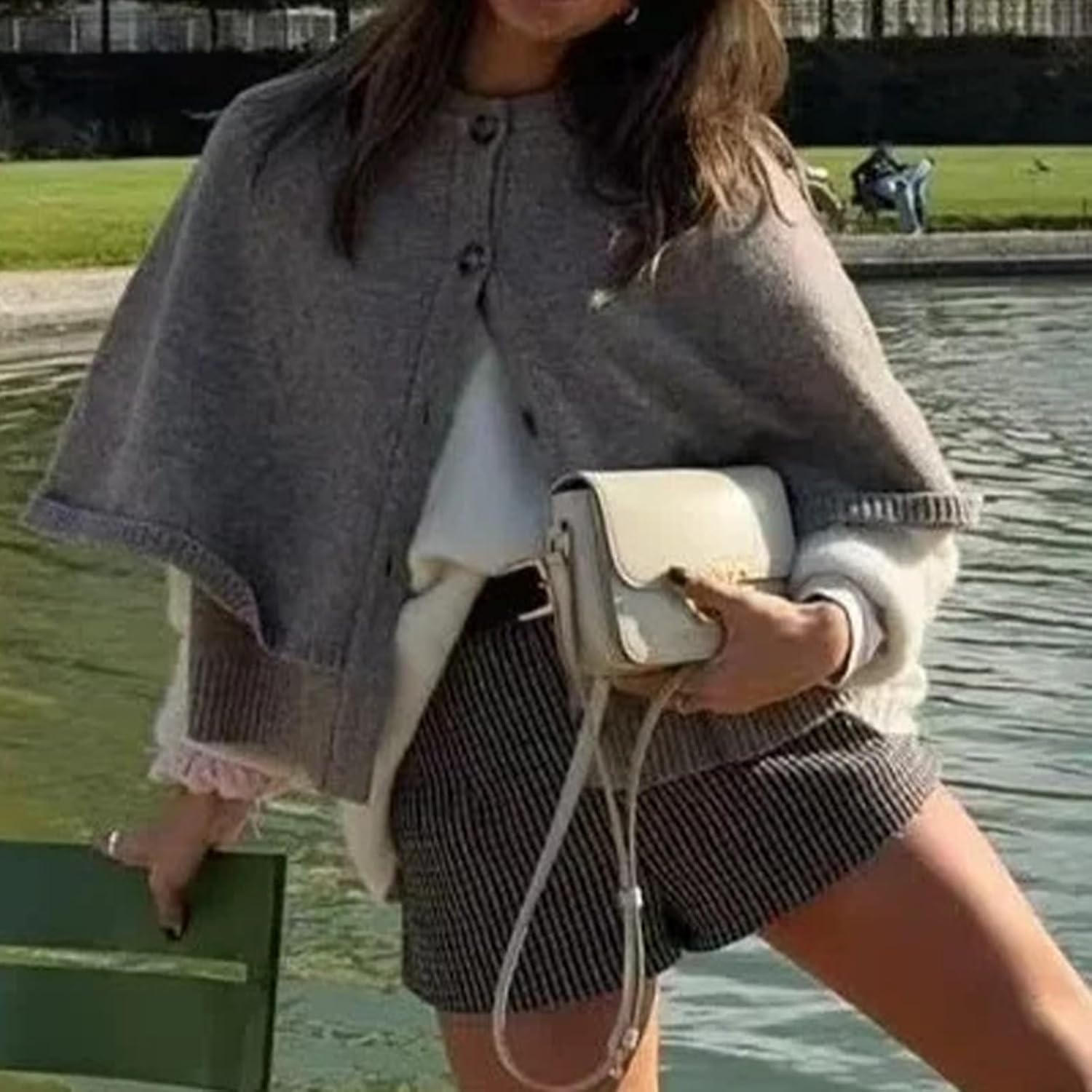 HOULENGS Women's Round Neck Shawl Cardigan Sweater Casual Button Down Cropped Knit Cape Coat Fall Trendy Sweater Jacket - Image 3