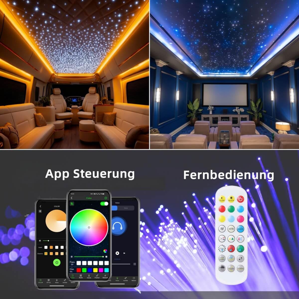 Sternenhimmel Glasfaser Licht für Auto,300pcs,2m,0,75mm Glasfaserkabel Star Deckenleuchten Kit,Bluetooth APP/RF Fernbedienung RGBW Fiber Optic Light Musiksynchronisation,Timing und Farbwechsel