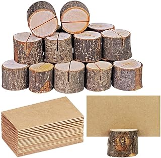 Wood Place Card Holders Bulk Rustic Table Number Stands & Kraft Table Place Cards Wooden Bark Memo Holder Photo Clip Tree Stump Decor for Wedding Birthday Valentine's Party (10 Holders+10 Cards)