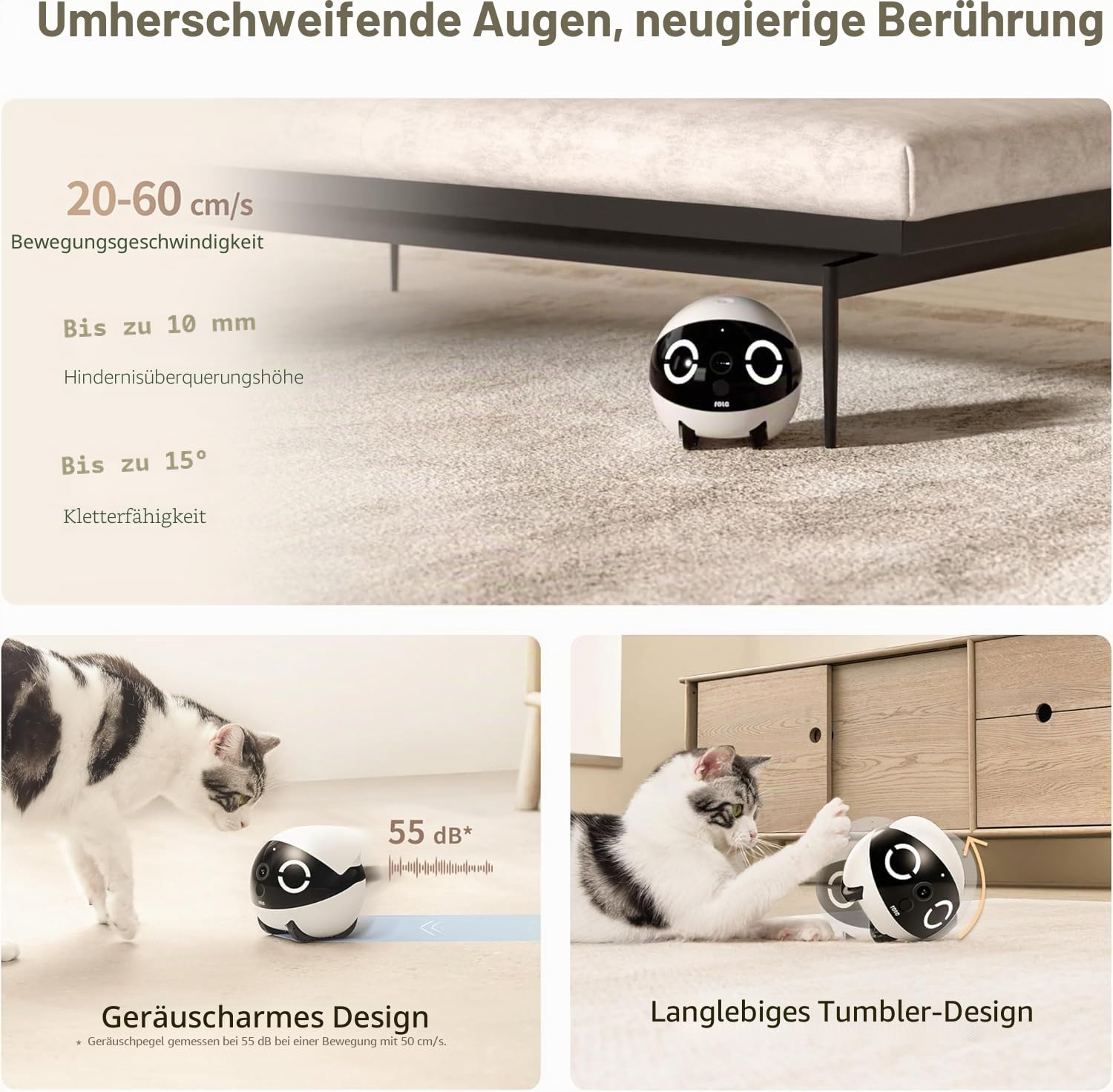 Enabot ROLA Mini Funny Pet Companion Robot, 2K Haustierkamera, Fahrbare Heimtierkamera mit One-Touch-Anruf & 2-Wege-Audio, Katzen Kamera mit IR-Nachtsicht & 5000 mAh Akku
