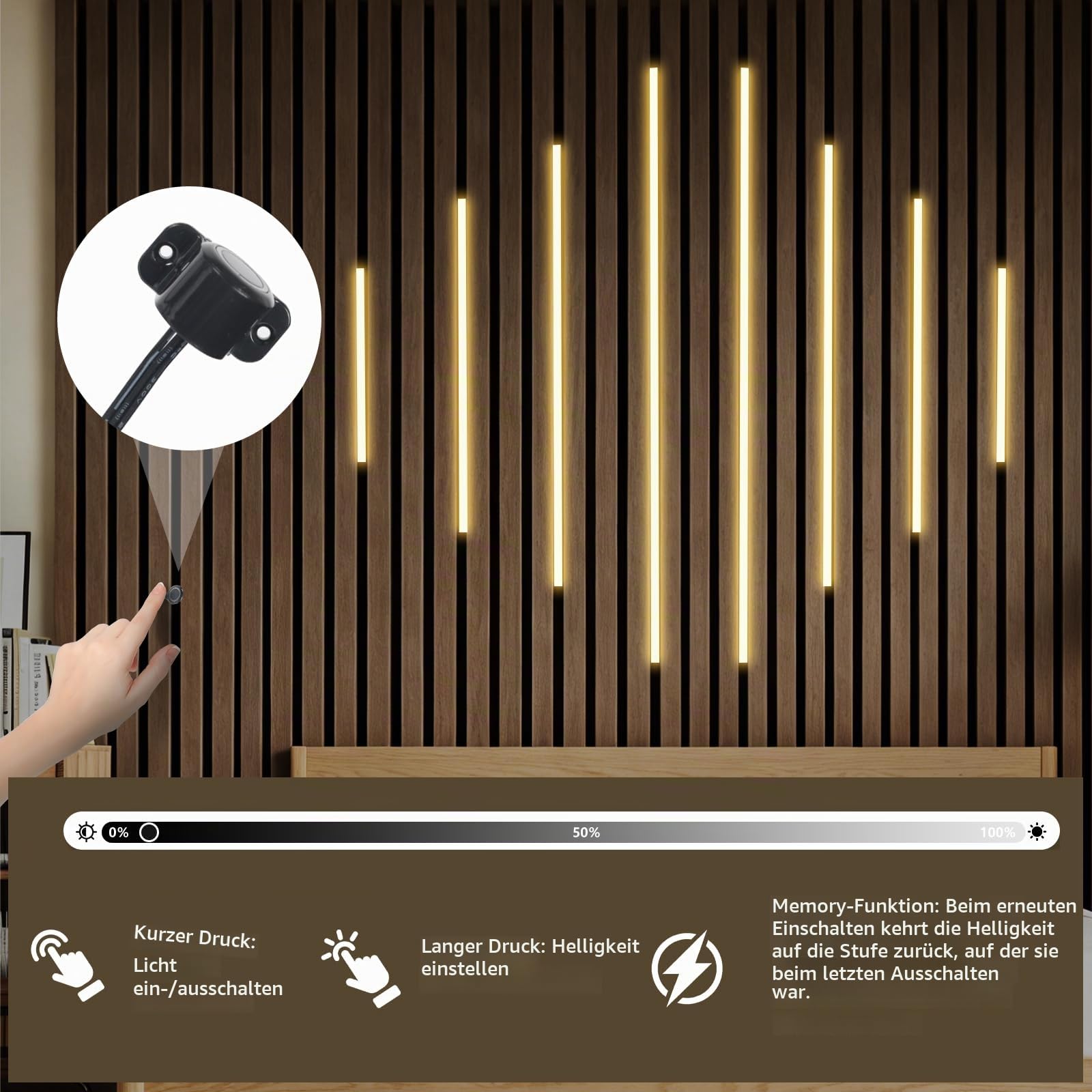 LED für Akustikpaneele, 8 Stück Led Streifen Akustikpaneele Beleuchtung mit Touch-Schalter, Dimmbare Eingebetteter LED für Akustikpaneele Wandpaneele Parallel Unterflurbeleuchtung (Schwarz)