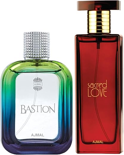 Ajmal Bastion EDP Woody Aromatic Perfume 100ml for Men and Sacred Love EDP Floral Musky Perfume 50ml for Women + 2 Parfum Testers FREE, Pack of 2 (Bastion_SacL_EDP)