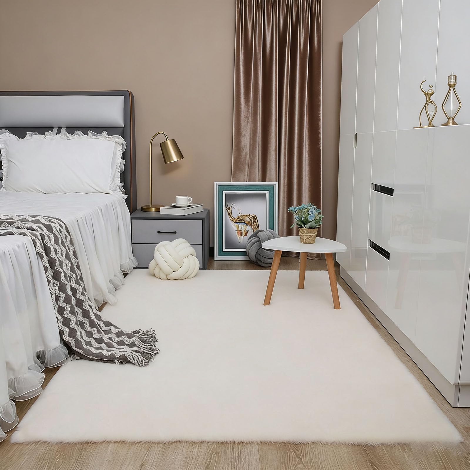 Tapis salon blanc 100x150 cm tapis chambre adulte poils courts aspect fourrure moderne