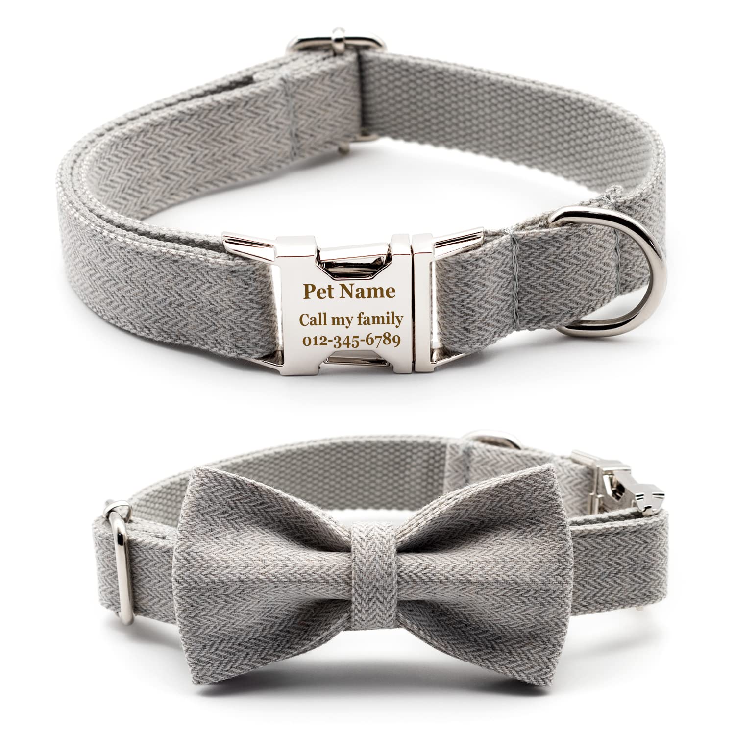 Personalized Dog Collar with Bowtie, Engraved Collar with Customized Text for Large Medium Small Dogs (Light Gray Thick Suit)