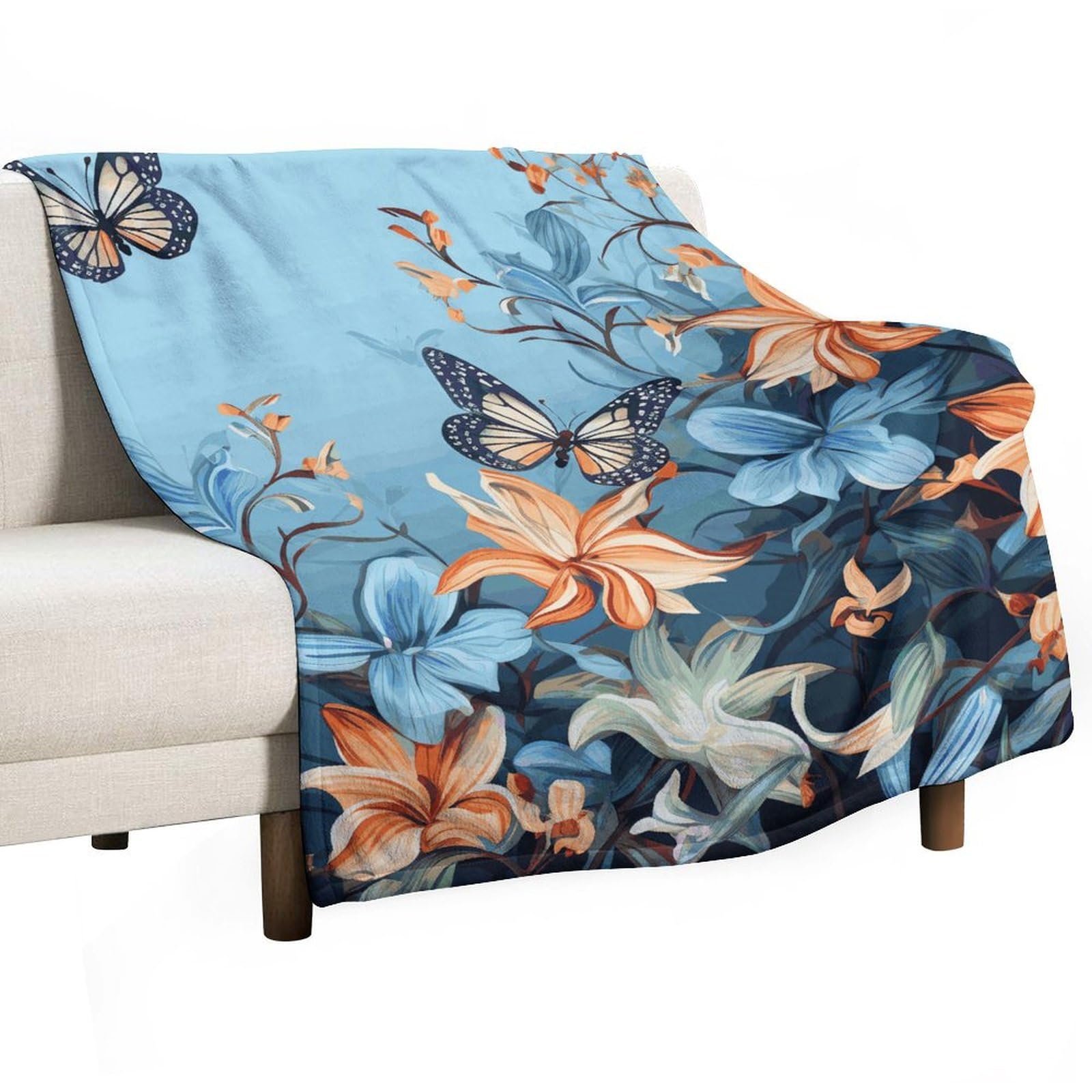 Couverture en flanelle bleue 152x203 cm à fleurs et papillons pour lit et canapé