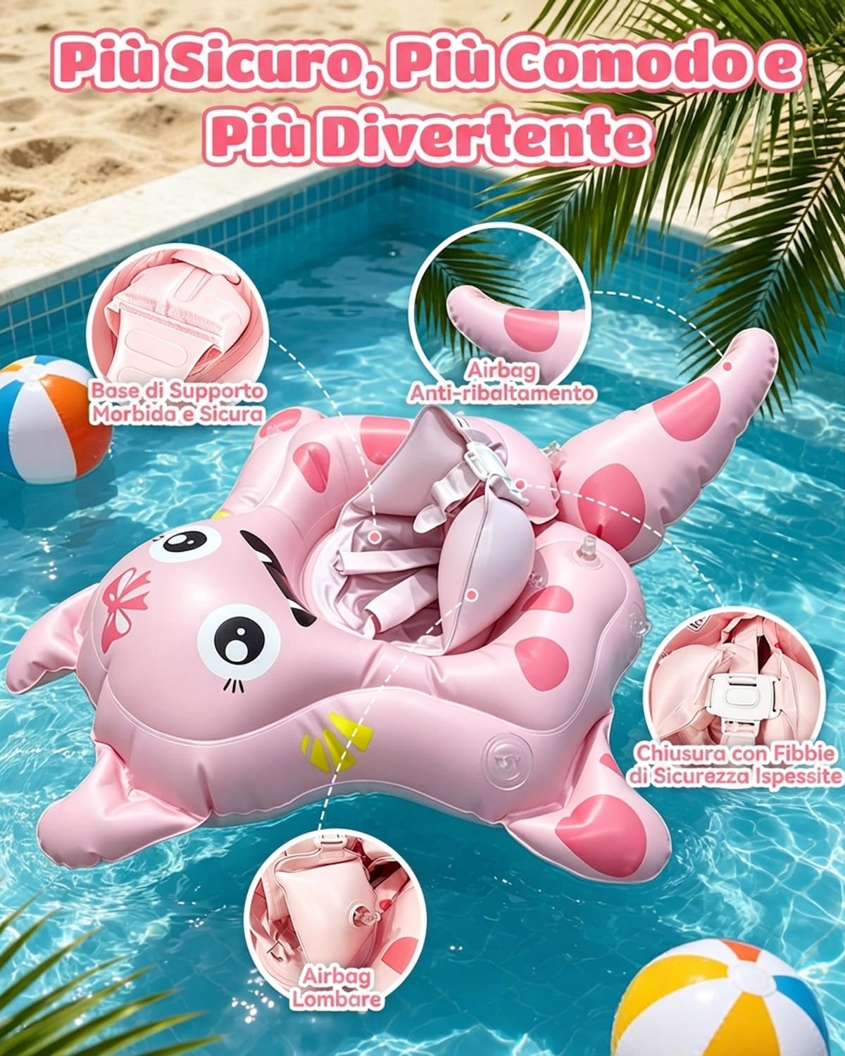 Salvagente per Neonato 6-36 Mesi con Parasole UPF 50+ | Ciambella Antiribaltamento con Sedile Regolabile Rosa