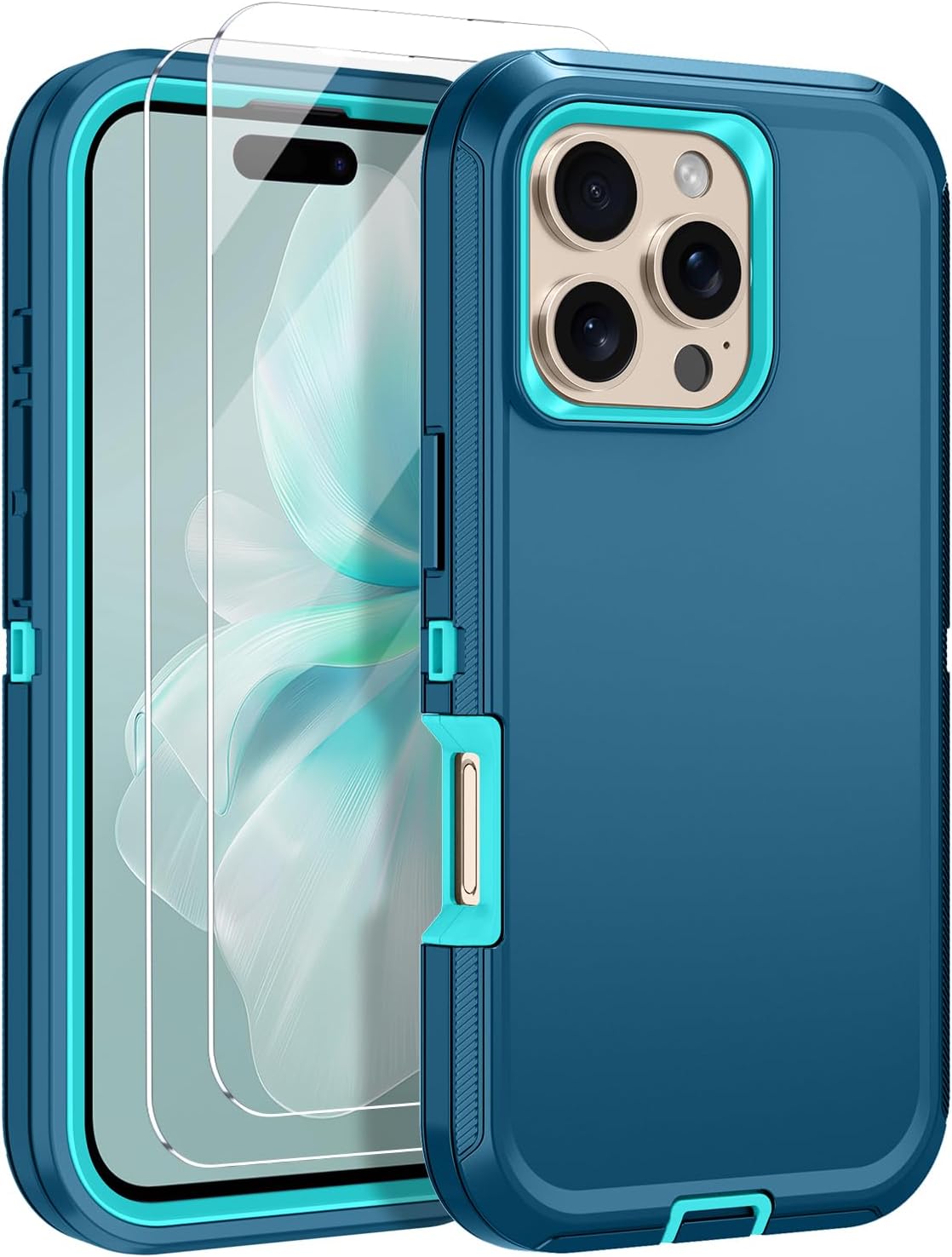 for iPhone 16 Pro Case with 2 Pack Tempered Glass Screen Protector Heavy Duty Protective Shockproof 3-Layer Full Body Protection Tough Rugged Cover for Apple iPhone 16 Pro 6.3",Turquoise